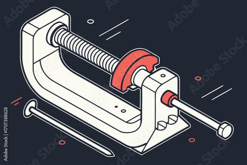 Isometric industrial clamp illustration on dark background with red accents