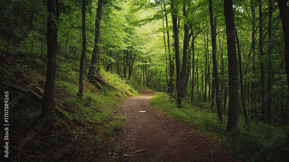 Fototapeta premium A pathway winds through a lush, verdant forest. Sunlight filters through the canopy, illuminating a trail through dense trees