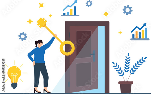 Flat illustration of person unlocking growth potential with giant key and open door