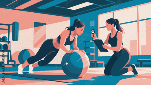 illustration of a woman exercising with an instructor vector design template