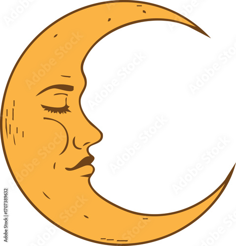 Crescent moon with human profile face