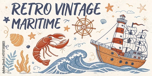 Cartoon drawing of a pirate ship sailing the ocean with a sun in the sky and a set of marine animals in the water