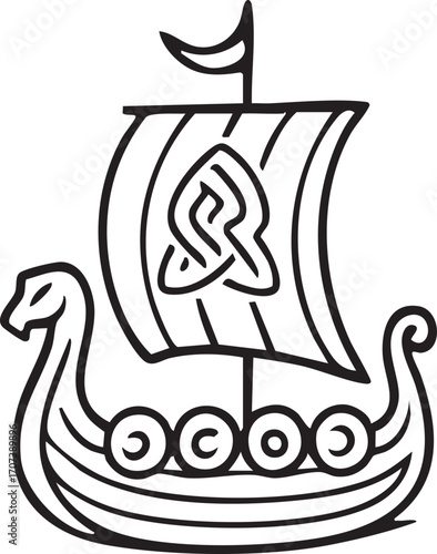 Viking longship with curved prow and square sail