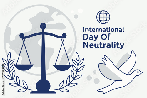 International Day of Neutrality concept. Balanced scales, dove of peace, and abstract globe for diplomacy. Flat vector illustration.

