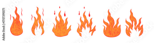 Orange set fire with crayon texture. Scribble flame with texture. Vector illustration