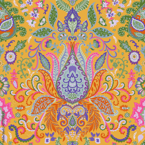 Yellow Ornamental Symmetrical Paisley Pattern