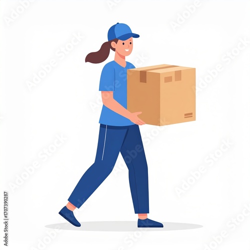 Smiling delivery woman carries large cardboard box.