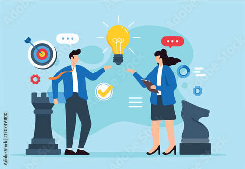 Partnership strategy, identifying and forming planning, collaborative business ventures concept vector illustration. Analyst team discussing new idea
