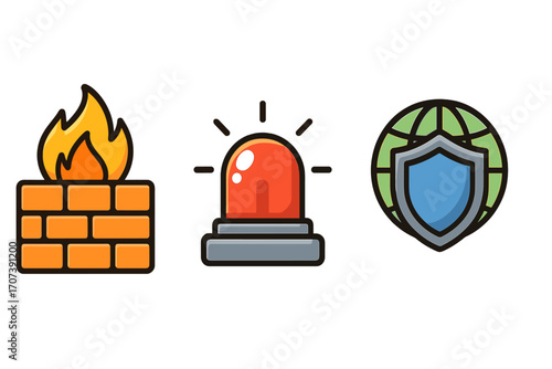 Cybersecurity vector icons collection with firewall, emergency alarm, and VPN global shield. Cartoon set for network security, data protection, internet safety, and privacy.