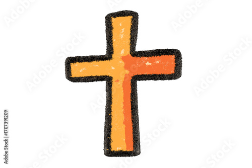Hand-drawn Christian cross with crayon and charcoal texture. Kids doodle of a religious symbol. Concept for faith, spirituality, church, Easter, God, and Jesus. Vector.