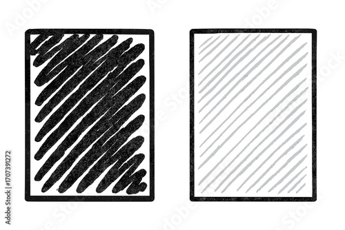 Hand drawn crayon sketch showing contrast. Full and empty concept. Before and after comparison. Progress bar or loading icon. Filling a shape. Vector doodle illustration set.