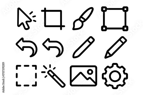 Editing tools icon set. Simple line art for graphic design UI. Vector collection of cursor, crop, brush, pen, pencil, magic wand, undo, redo, settings and selection icons.