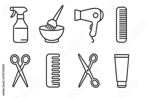 Hairdressing tools and barber equipment icon set. Vector line art illustration of essential hair salon items. Minimalist outline symbols for hairstylist, beauty and coiffure.