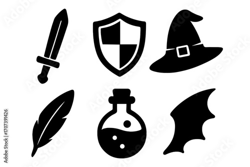 Fantasy game icons set. Sword, shield, knight. Witch hat, wizard, sorcerer. Magic potion, alchemy. Feather quill. Dragon wing, monster. RPG D&D vector silhouette elements.