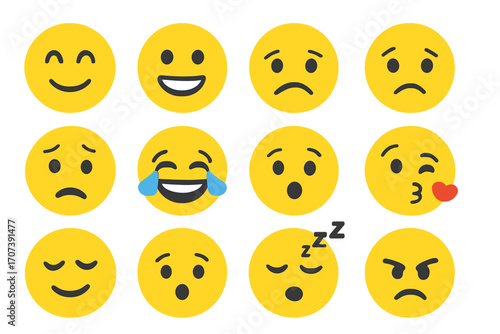 Flat emoji emoticon set with various facial expressions and emotions. Vector cartoon illustration collection. Happy, sad, angry, laughing, sleeping, love and surprised faces.
