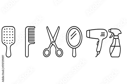 Hair styling essentials icon set. Linear design barbershop tools collection. Hairdresser equipment with brush, comb, scissors, mirror, hairdryer, spray bottle vector illustration.