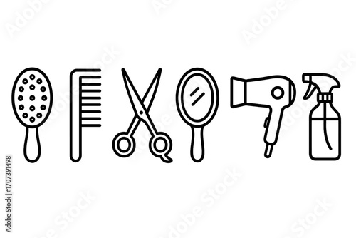 Hairdresser tool icon set for beauty salon and barber shop. Hair styling essentials with brush, comb, scissors, mirror, hairdryer, spray bottle. Linear vector illustration.