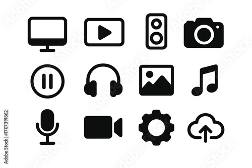 Multimedia icon set. Minimalist black glyphs for digital applications. Vector symbols for web UI and UX design. Play, pause, music, video, camera, photo, sound, mic, cloud upload.