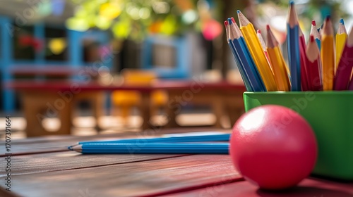 Colorful pencils in a green container on a wooden table outdoors
