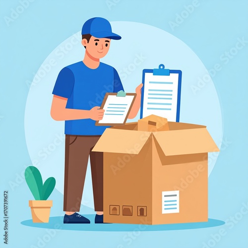 A delivery person in uniform checks paperwork next to a large cardboard box.