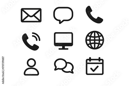 Contact us icons set. Web communication symbols. Black minimalist business icon collection for website and app UI. Phone, mail, chat, user, globe and calendar vector signs.