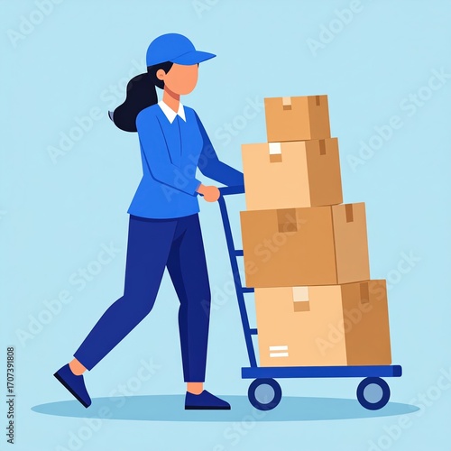 Delivery woman efficiently transports a stack of cardboard boxes on a hand truck.