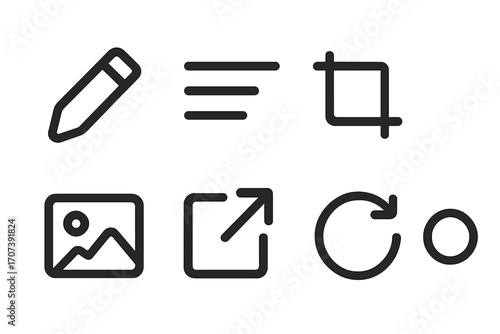 Minimalist UI icon set for web and app design. Vector line art symbols for edit, align, crop, share, image, and menu functions. Simple glyph collection for user interface.
