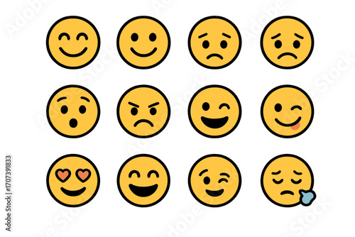 Emoji collection vector cartoon illustration. Minimalist expressive face icons for digital communication. Emoticon set with different emotions. Happy, sad, angry, love faces.