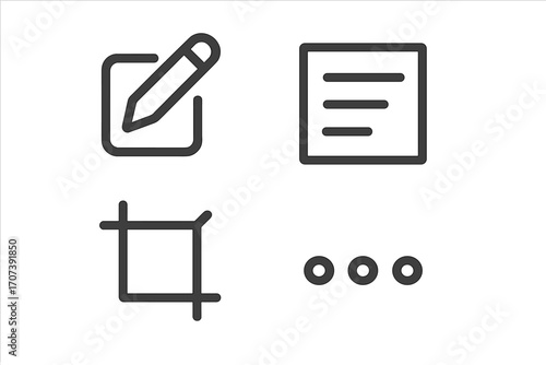 Minimalist UI icon set with essential web and app design elements. Vector line art symbols for user interfaces, including edit, align, crop, and more options buttons. Simple graphic.