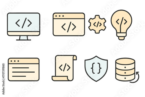 Coding and programming icon set for software and web development. Minimalist vector symbols for UI, app design, database, security, API, and computer science concepts.
