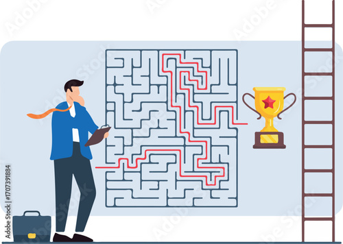 Flat illustration of person analyzing maze with various career paths leading to different success points