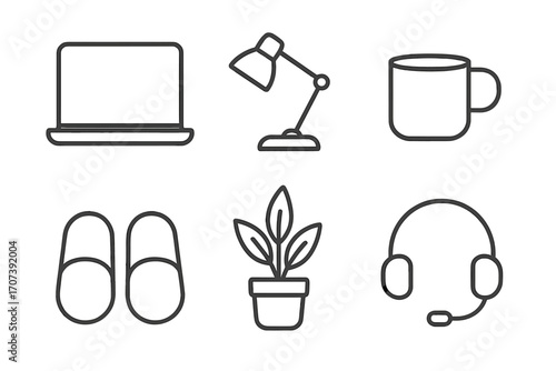 Home office icon set. Minimalist line art for remote work. Vector essentials for work from home and freelancer. Includes laptop, lamp, coffee, slippers, plant, headset.