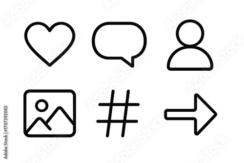 Social media icon collection. Clean line art for UI and UX design. Includes heart, comment, user, image, hashtag, share arrow. Vector symbols for web and app interface.