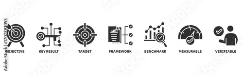OKR icon set illustration illustration concept with icon of objective, key result, target, framework, benchmark, measurable, verifiable 