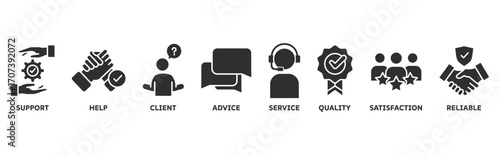 Customer Care icon set illustration illustration concept with icon of support, help, client, advice, service, quality, satisfaction, reliable 