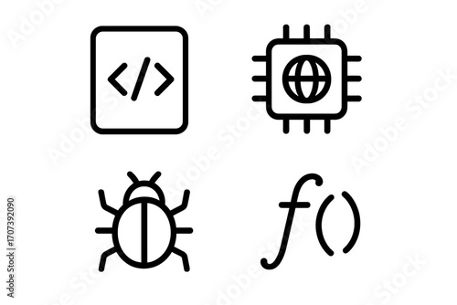 Minimalist icon set for coding and technology. Vector line art symbols for programming concepts like code, API, software bug, and function. Web development and developer signs.