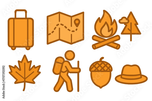 Autumn travel icon set for hiking and adventure. Vector collection of minimalist line art. Includes suitcase, map, campfire, hiker, maple leaf, acorn, and nature icons.