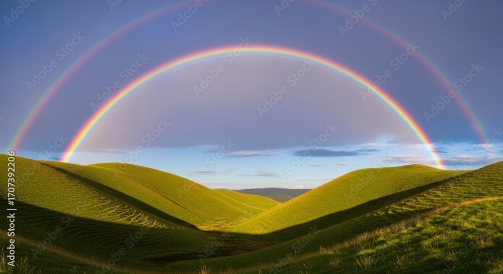 Naklejka premium Stunning double rainbow arches over vibrant green rolling hills creating a magical landscape scene