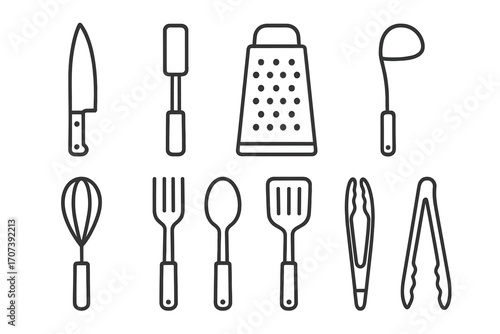 Kitchen utensils icon set. Minimalist outline vector graphic collection of cooking tools. Includes knife, spatula, grater, whisk, ladle, tongs, spoon, and fork symbols.