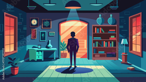 Vector art of man standing in a room with furniture and a door leading to light