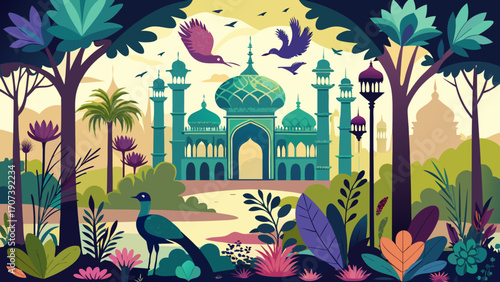Illustration of a mosque with trees and birds in a colorful landscape