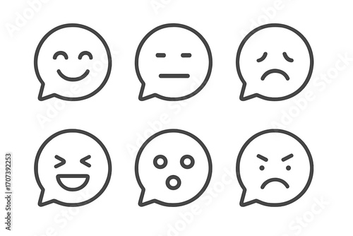 Emoticon line icons in speech bubbles. Diverse emoji faces for customer feedback or satisfaction rating. Happy, sad, angry, neutral mood expressions. Minimalist vector icons.