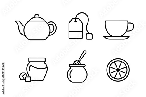 Tea time essentials icon set. Minimalist line art collection with teapot, teabag, cup, sugar, honey, and lemon. Vector symbols for cafe menu, beverage, or breakfast concepts.