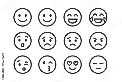 Minimalist linear emoji icon set. Vector emoticons with diverse emotions. Happy, sad, angry, love, laughing, surprised face. Line art smiley character avatar symbol.