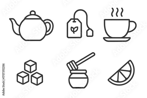 Tea time essentials line icon set. Vector illustration of teapot, teabag, hot cup, sugar cubes, honey pot and lemon slice. Minimalist outline symbols for cafe menu.