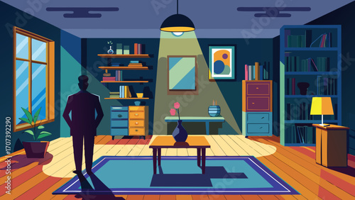 Vector art of man standing in a modern living room with furniture and decoration