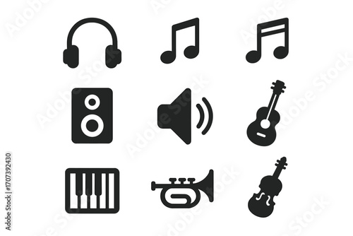 Music icons set glyph collection. Vector minimal illustration. Sound and audio symbols. Headphones, note, speaker, guitar, piano, trumpet, violin simple black silhouette.