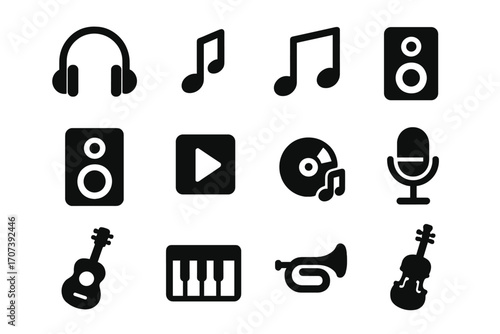 Music icons set. Vector glyph symbols for web, app design. Headphones, speakers, notes, microphone, guitar, piano, violin, trumpet. Sound and audio player interface elements.