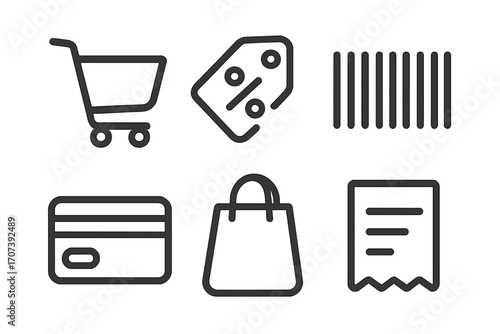 Shopping icon set for e-commerce and retail. Minimalist line art pictograms collection. Cart, discount tag, barcode, credit card, bag and receipt symbols for web design.