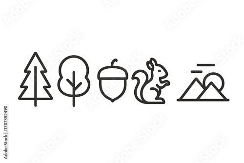 Nature icon set simple line art collection. Forest mountain symbols. Minimalist vector design of tree, squirrel, acorn, sunset. Outdoor adventure camping and hiking concept.